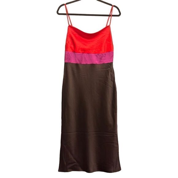 Express - Satin Color Block Tier Cowl Neck Midi Slip Dress - Small/ Red/Purple/B - Picture 3 of 16